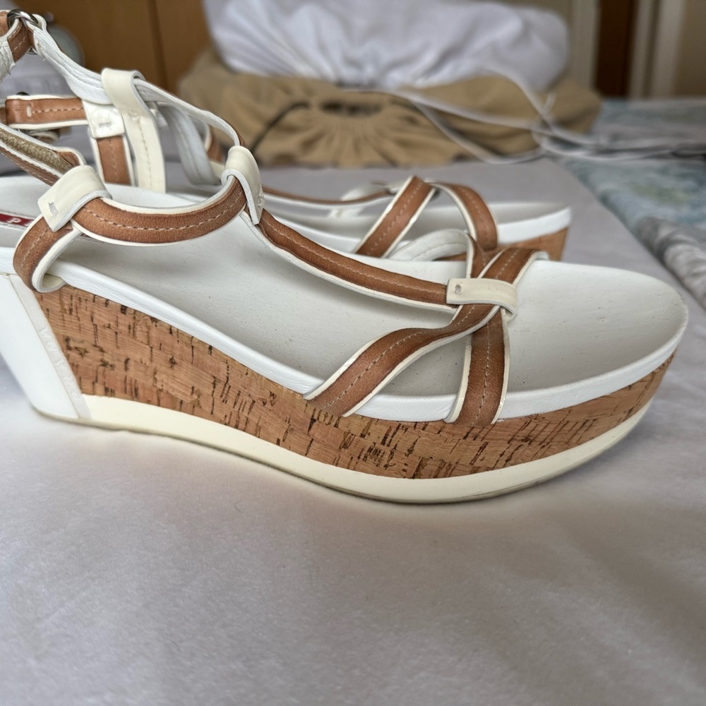 Prada White and Tan Wedge Sandals with Cork Heel